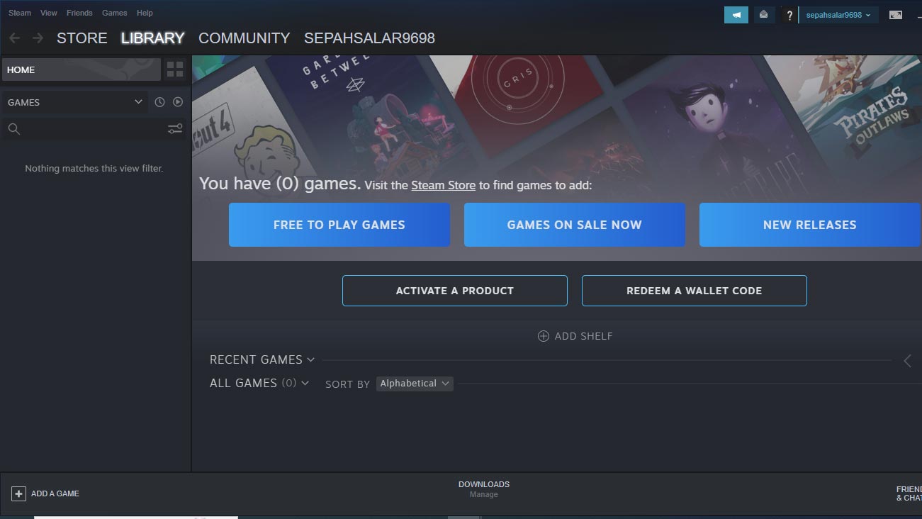 منوی استیم شامل آخرین بازی‌ها،بازی‌های رایگان و آخرین بازی‌های انتشار شده هستند.