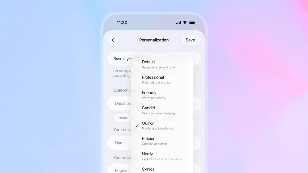 اسکرین شات هوش مصنوعی GPt-5.1 تنظیم شخصیت