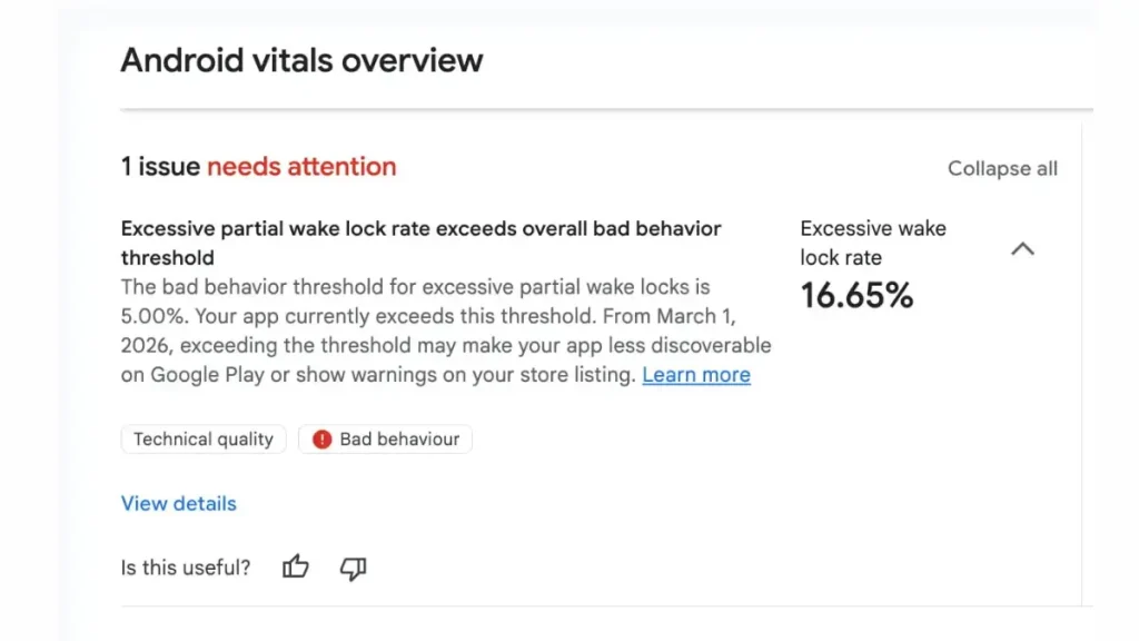 اسکرین شات android vitals overview