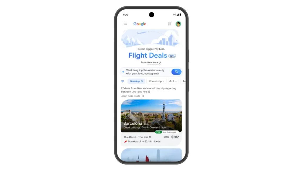 اسکرین شات flight deals گوگل روی گوشی
