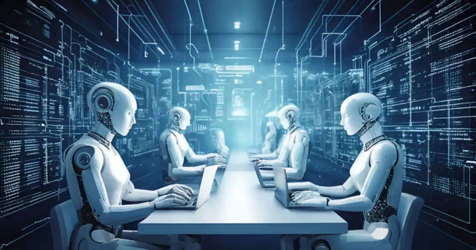 ربات ها در کنار میز با لپتاپ کار میکنند / عامل های هوش مصنوعی